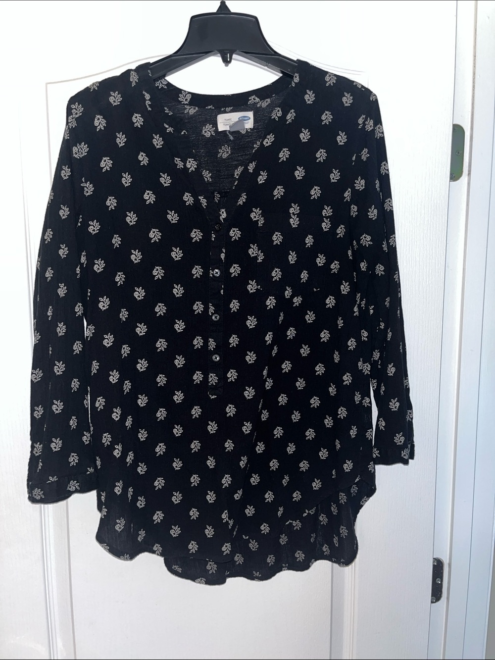 Old Navy Black Henley Blouse with White Floral Print